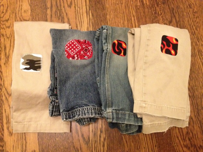 Patch your kids' pants with fun fabrics for an eco-friendly fashion statement.  By Jewels at Home.