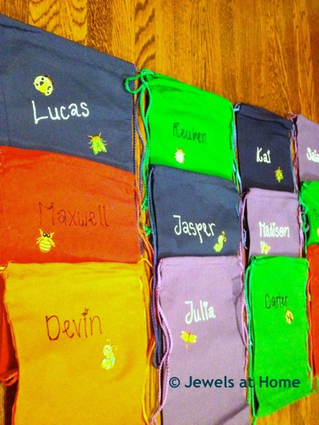 Decorate cloth bags for a birthday party favor that can be put to good use.  By Jewels at Home.