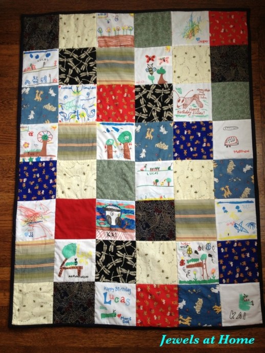 Quilt incorporating blocks drawn at a birthday party.  From Jewels at Home.