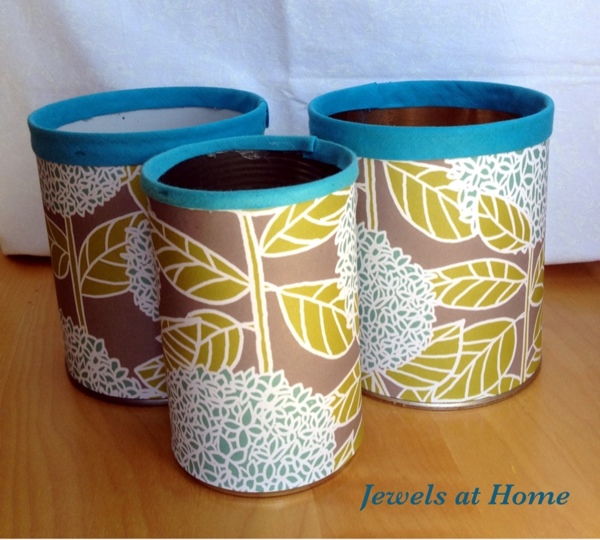 Beautiful pencil tins made from old cans, decorative paper, and bias tape. Tutorial from Jewels at Home. Beautiful pencil tins made from old cans, decorative paper, and bias tape. Tutorial from Jewels at Home.