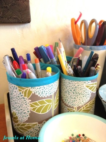 Craft room desk set: DIY pencil tins fit in with ceramics on a vintage tray.  From Jewels at Home.