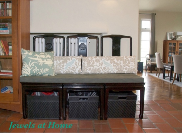 Ideas for joining chairs into a bench.  From Jewels at Home.