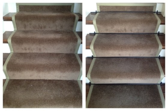 A bare runner looks more contemporary, while carpet rods give a more formal look.  Which do you prefer?