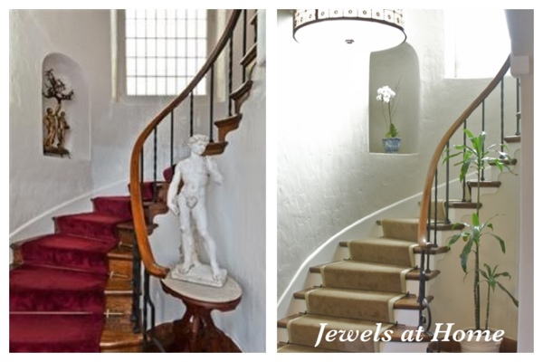A classic stairway with a new look. Walls are Manchester Tan from Benjamin Moore. From Jewels at Home.