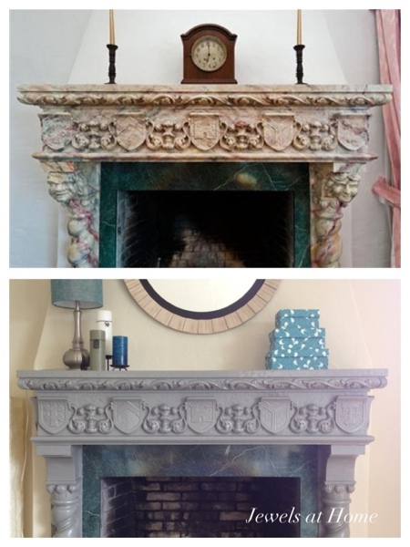 Updating an ornate fireplace.  Before and after.  From Jewels at Home.