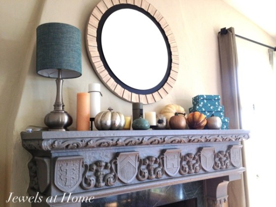 Fall mantel with DIY painted metallic pumpkins by Jewels at Home.