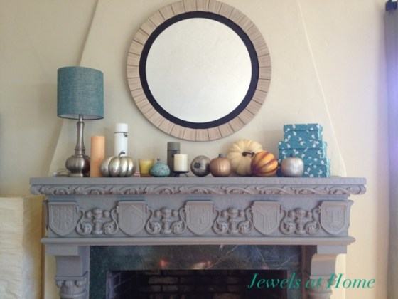 Fall mantel with DIY painted metallic pumpkins by Jewels at Home.