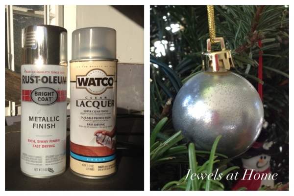 An easy combination of these two spray paints will give you a beautiful faux mercury glass look for your Christmas ornaments or other projects!  {Jewels at Home}