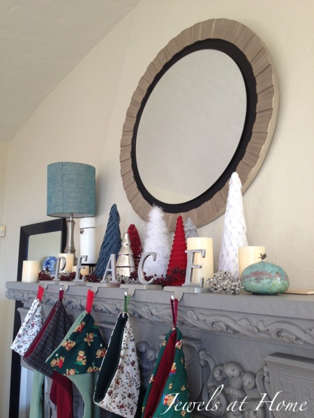 Christmas mantel filled with homemade trees.  Christmas house tour from Jewels at Home.