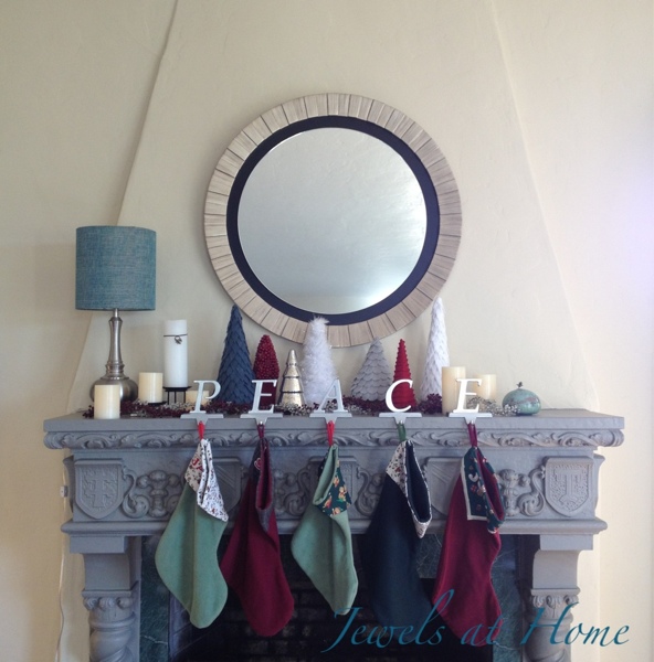 Christmas mantel filled with homemade trees.  Christmas house tour from Jewels at Home.