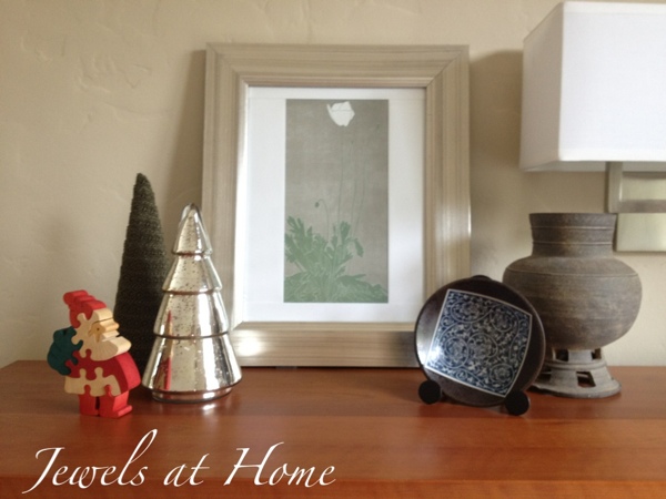 Christmas vignette with trees and a vintage wooden Santa puzzle.  Christmas house tour from Jewels at Home.