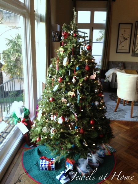 Christmas tree with red, silver, and turquoise.  Christmas house tour from Jewels at Home.