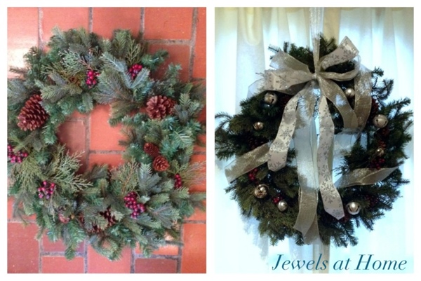Transform a Christmas wreath with ribbon and silver bells.  Plus lots more ideas to add silver sparkle to your holidays.  {Jewels at Home}