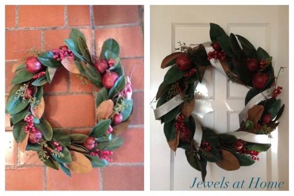 Transform a Christmas wreath with ribbon.  Plus lots more ideas to add silver sparkle to your holidays.  {Jewels at Home}