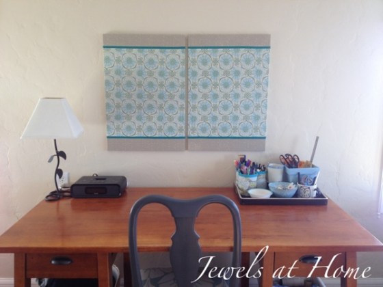 DIY fabric-covered bulletin boards are a piece of art in this home office.  {Jewels at Home}