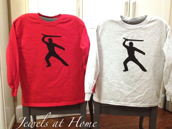 Stencil your own T-shirts with contact paper and fabric paint. The ideas are endless.  These are for a boy's Ninjago birthday party.  {Jewels at Home}
