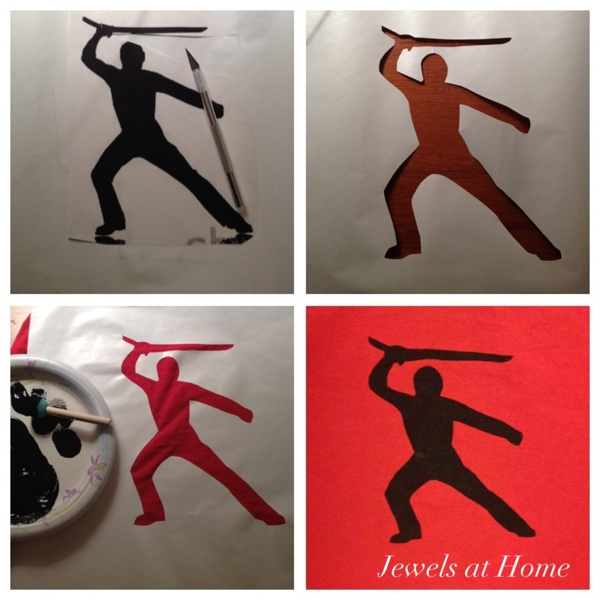 Stencil your own T-shirts with contact paper and fabric paint. The ideas are endless.  These are for a boy's Ninjago birthday party.  {Jewels at Home}