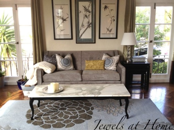 Living room seating area with contemporary regency style.  Paint and some minor repairs brought the vintage coffee table back to life!  {Jewels at Home}