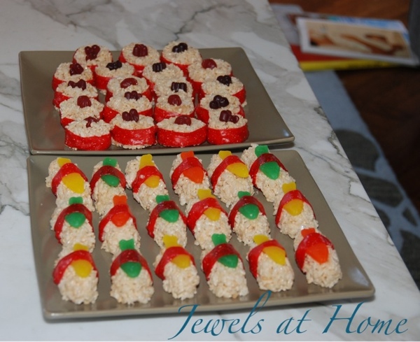 Rice Krispy Treat sushi made from Rice Krispies cereal and candy. More ideas for a Ninjago birthday party at Jewels at Home. Rice Krispy Treat sushi made from Rice Krispies cereal and candy. More ideas for a Ninjago birthday party at Jewels at Home.