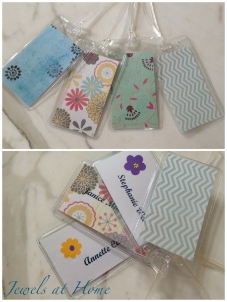 DIY luggage tags with beautiful paper backs.  Party favors for a charming afternoon tea party.  {Jewels at Home}