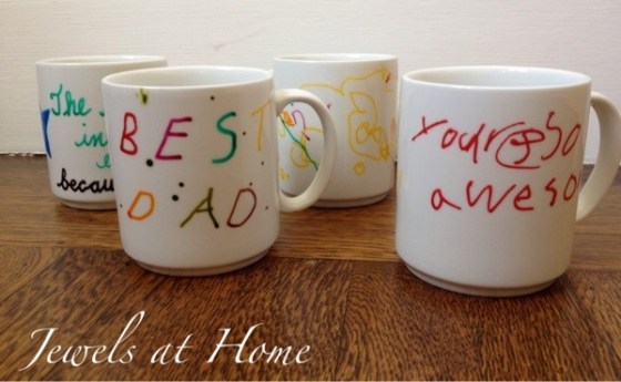 Use ceramic paint pens for vibrant durable art on plain cups.  Father's Day gifts.  Jewels at Home