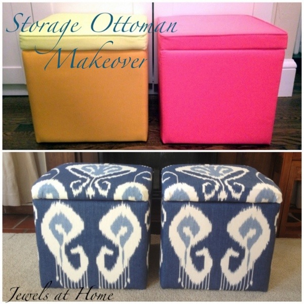 DIY storage ottoman makeover.  An elegant transformation for these $9.99 storage cubes.  Jewels at Home.
