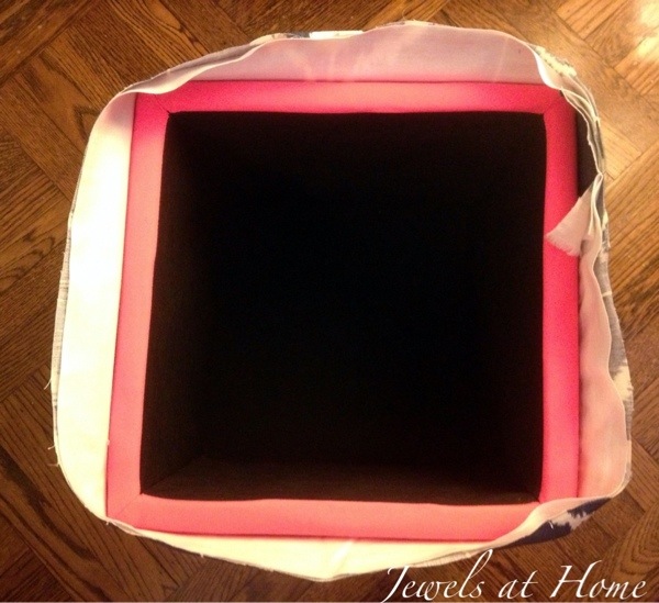 DIY storage ottoman makeover.  An elegant transformation for these $9.99 storage cubes.  Jewels at Home.