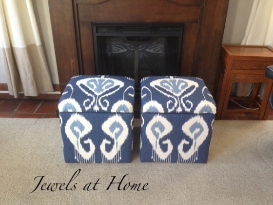 DIY storage ottoman makeover.  An elegant transformation for these $9.99 storage cubes.  Jewels at Home.
