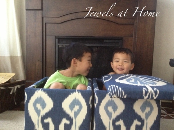 DIY storage ottoman makeover.  An elegant transformation for these $9.99 storage cubes.  Jewels at Home.