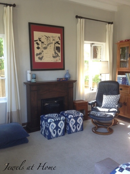 DIY storage ottoman makeover.  An elegant transformation for these $9.99 storage cubes.  Jewels at Home.