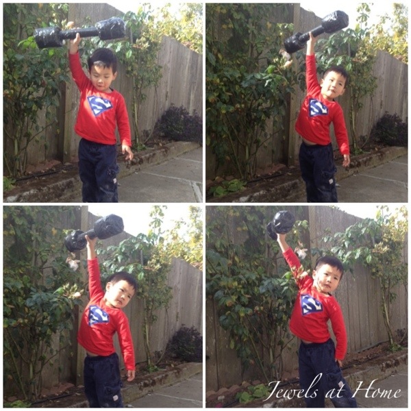 Superman birthday party with lots of DIY ideas, including this "barbell" | Jewels at Home