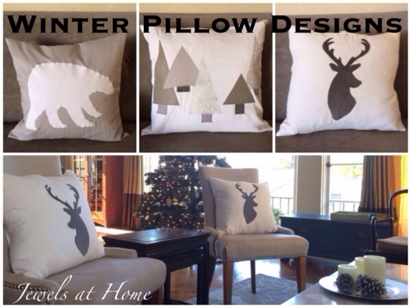 Polar bear, snowy forest, and reindeer pillows in a simple white and gray color scheme for Christmas and the whole winter | Jewels at Home