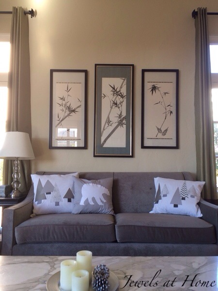 Decorating for a white Christmas.  Many DIY ideas, including these wintery pillow covers featuring trees and a polar bear | Jewels at Home