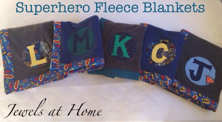 Superhero-themed monogrammed fleece blankets for a boys' sleepover party | Jewels at Home