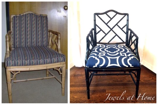 Sharp-looking Chippendale chair makeover with glossy black paint and a geometric seat fabric | Jewels at Home