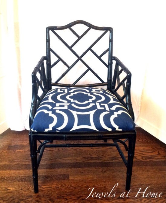 Sharp-looking Chippendale chair makeover with glossy black paint and a geometric seat fabric | Jewels at Home