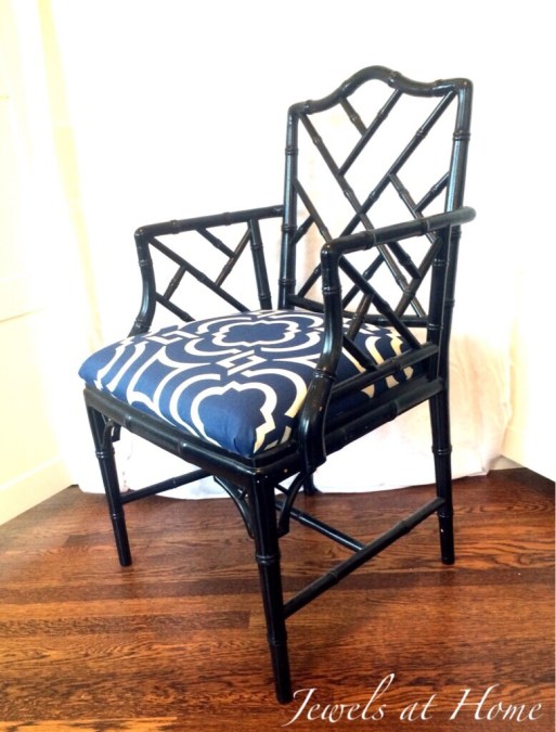 Sharp-looking Chippendale chair makeover with glossy black paint and a geometric seat fabric | Jewels at Home