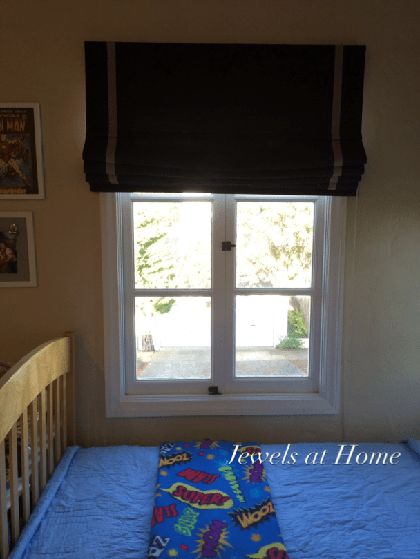 Roman shade upgrade: Give your plain shades a new look by adding a ribbon border. DIY project by Jewels at Home.